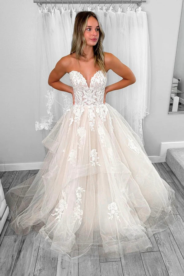 Light Champagne Tulle Lace Long Prom Dress A-Line Strapless Formal Dress Party Dress