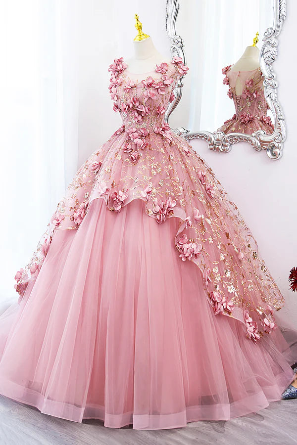 Beautiful Pink Tulle Long Prom Dress with Flowers Lovely Tulle Sweet 16 Dress