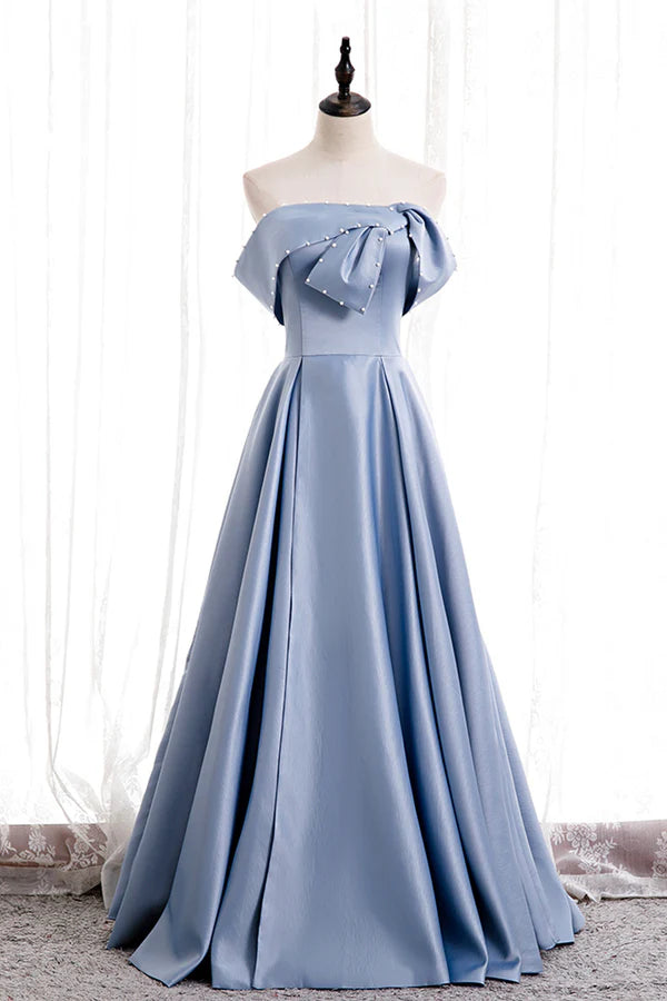 Blue Satin Long Prom Dress with Pearls Blue A-Line Strapless Party Dress