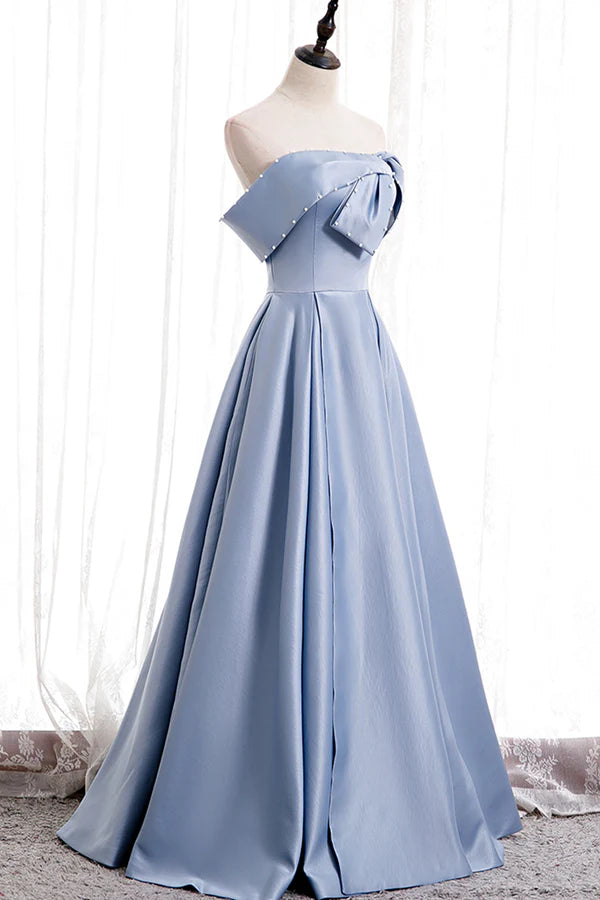 Blue Satin Long Prom Dress with Pearls Blue A-Line Strapless Party Dress