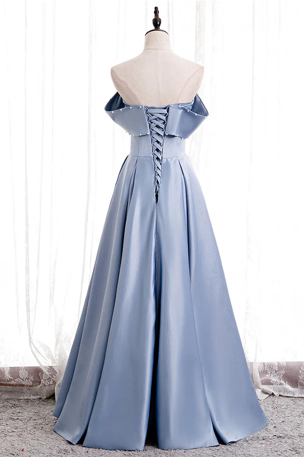Blue Satin Long Prom Dress with Pearls Blue A-Line Strapless Party Dress