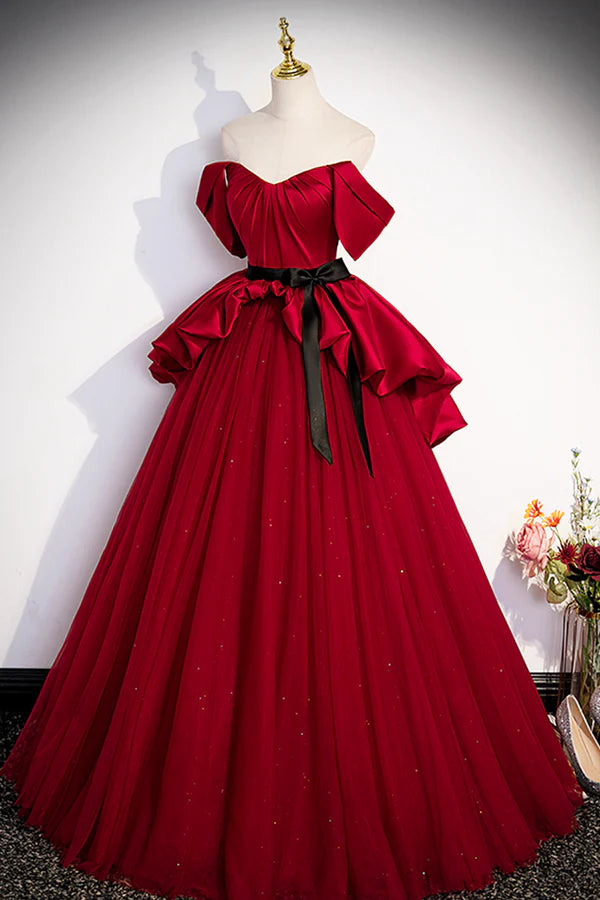 Burgundy Satin Tulle Long Prom Dress Off Shoulder Evening Dress