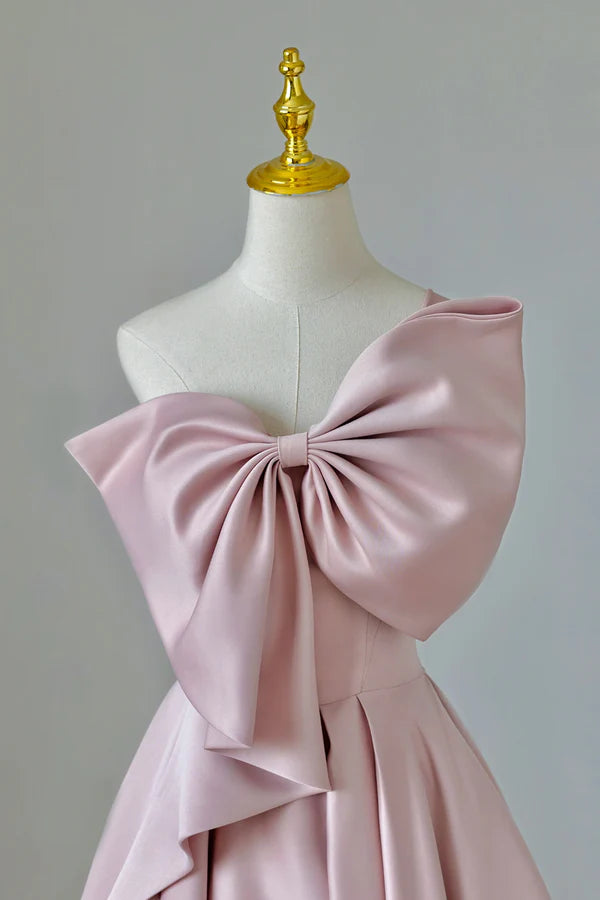 Pink Satin Long Prom Dress with Bow One Shoulder Formal Evening Dress