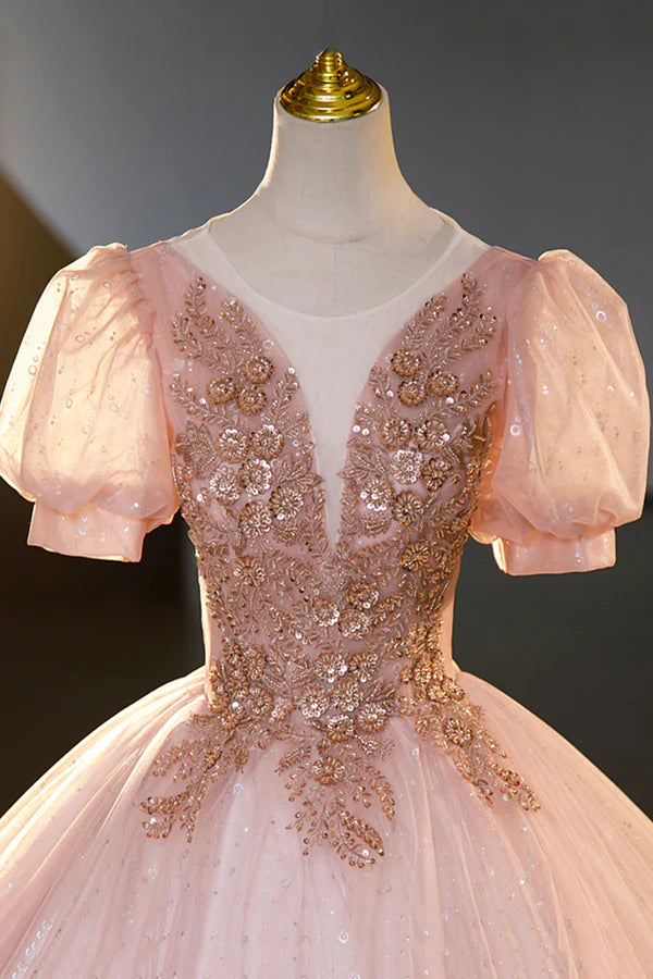 Pink Tulle Beaded Long Ball Gown Beautiful A-Line Prom Dress Pink Sweet 16 Dress