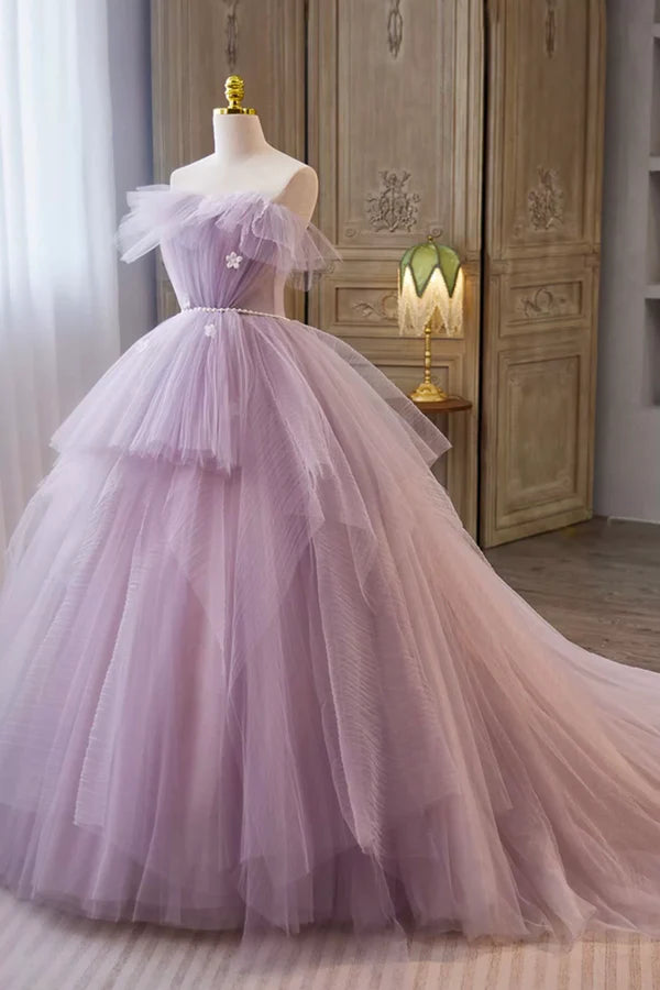 Lilac Strapless Tulle Long Prom Dresses with Pearls Belt Lilac Off the Shoulder Formal Evening Dresses