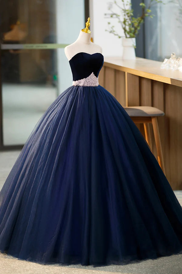 Blue Velvet Tulle Long Prom Dresses Blue Evening Party Dresses
