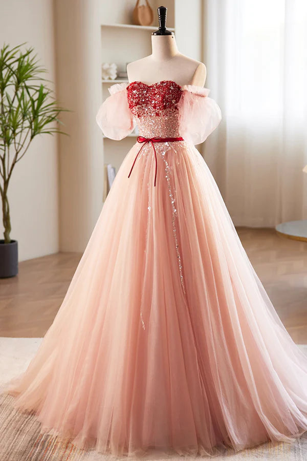 Pink Tulle Beaded Long Prom Dress A-Line Off Shoulder Evening Party Dress