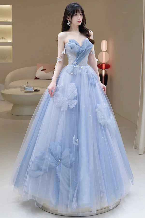 Blue Tulle Long A-Line Prom Dress Party Dress Beautiful Blue Evening Dress