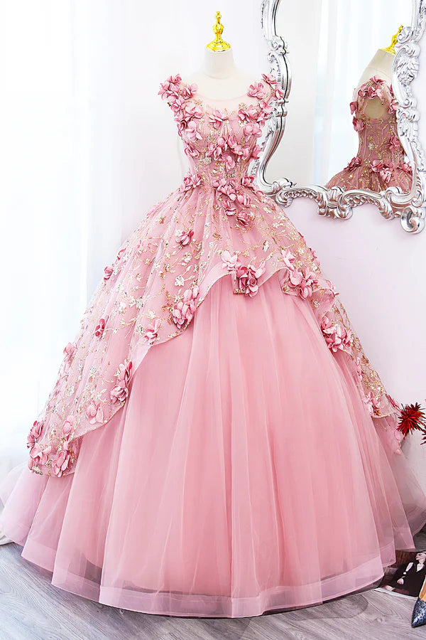 Beautiful Pink Tulle Long Prom Dress with Flowers Lovely Tulle Sweet 16 Dress