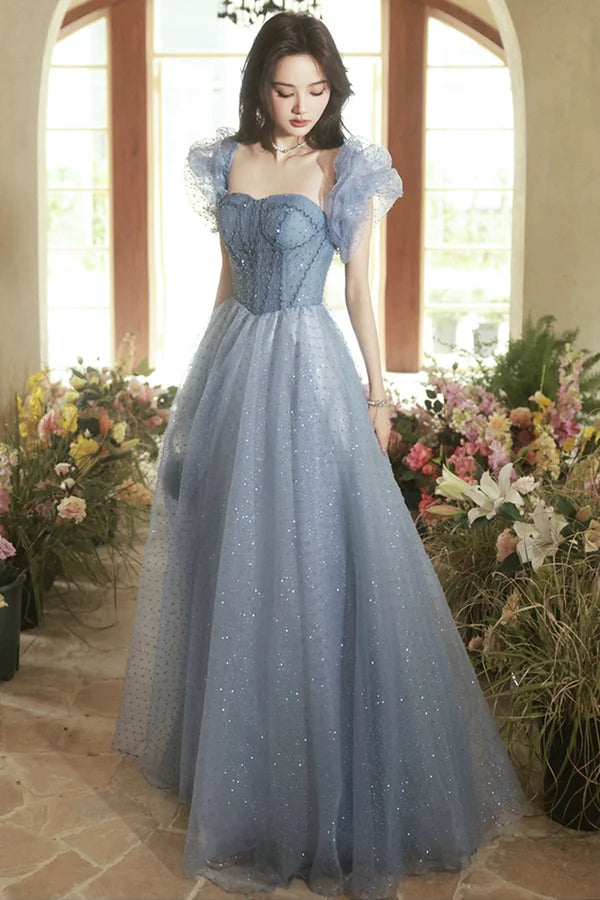 Gray Tulle Beaded Floor Length Prom Dress Beautiful Short Sleeve Evening Dress
