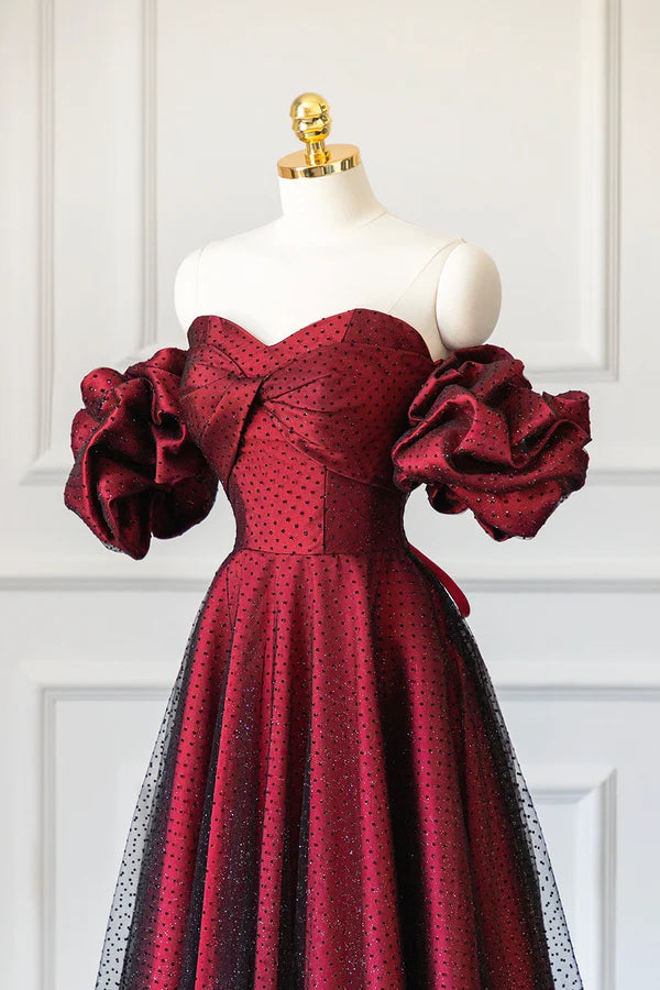 Burgundy Satin Tulle Long Prom Dress Off Shoulder Evening Party Dress