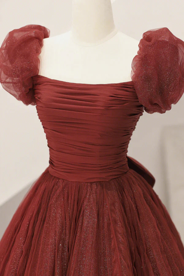 Burgundy Tulle Long A-Line Prom Dress Cute Short Sleeve Evening Dress