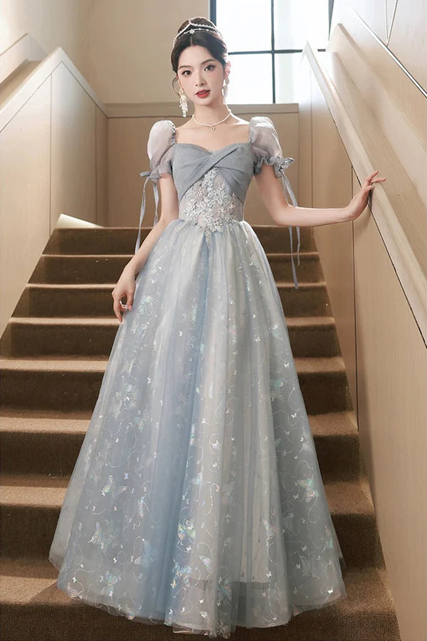 Beautiful Tulle Short Sleeves Formal Dress with Lace Lovely Blue Long Prom Dress