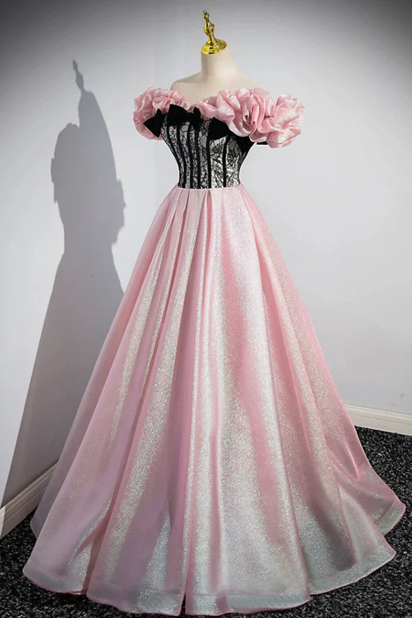 Beautiful Shiny Tulle Long A-Line Pink Corset Prom Dress Off the Shoulder Evening Party Dress