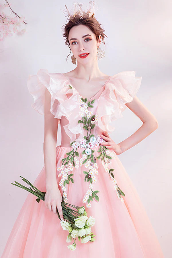 Pink V-Neck Tulle Long Prom Dress Beautiful Pink Evening Dress