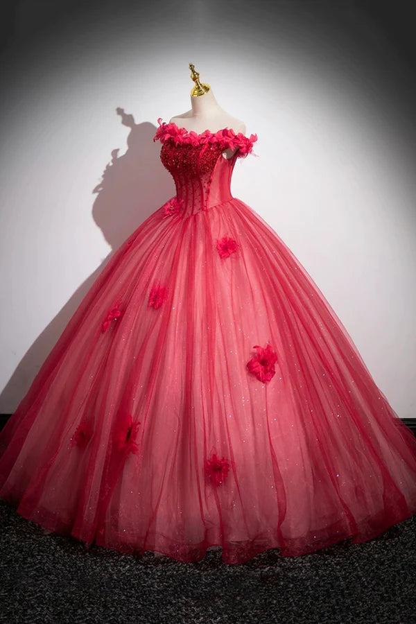 Dark Red Beading Prom Dress with Corset Off the Shoulder Short Sleeve Floor-Length Party Dress