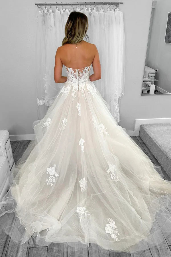 Light Champagne Tulle Lace Long Prom Dress A-Line Strapless Formal Dress Party Dress