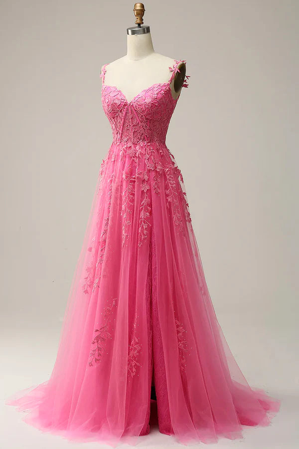 Hot Pink Lace Long Prom Dress Spaghetti Strap Evening Dress Party Dress