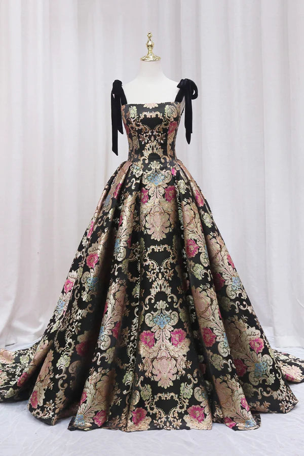Unique Floral Floor Length Prom Dress A-Line Black Evening Dress