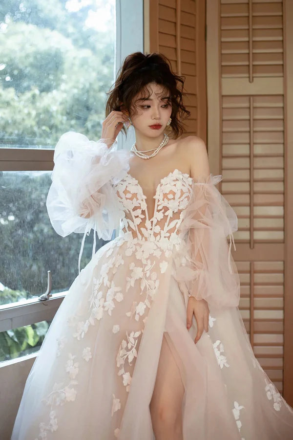 Champagne Tulle Puffy Sleeves Long Party Dress Beautiful Lace Evening Dress