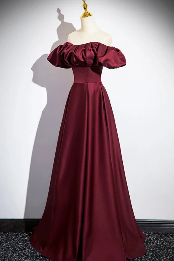 Burgundy Satin Floor Length Prom Dress Simple A-Line Evening Party Dress