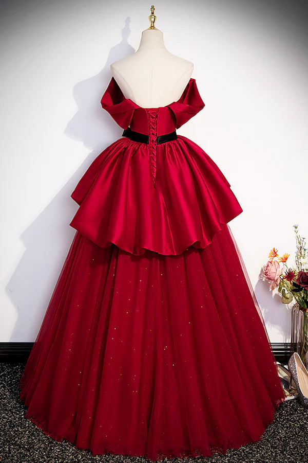 Burgundy Satin Tulle Long Prom Dress Off Shoulder Evening Dress