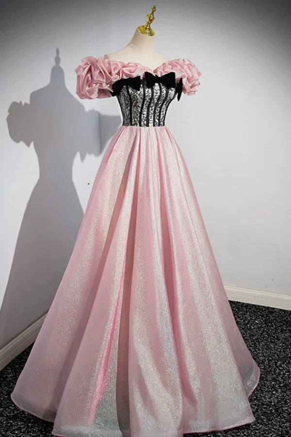 Beautiful Shiny Tulle Long A-Line Pink Corset Prom Dress Off the Shoulder Evening Party Dress