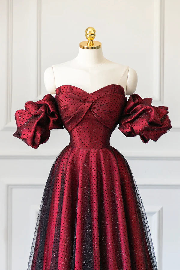 Burgundy Satin Tulle Long Prom Dress Off Shoulder Evening Party Dress