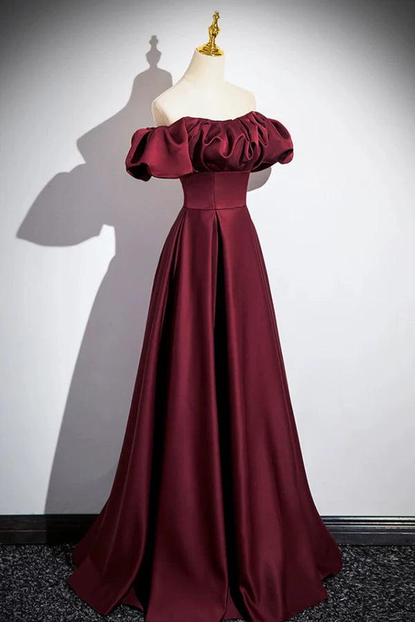 Burgundy Satin Floor Length Prom Dress Simple A-Line Evening Party Dress