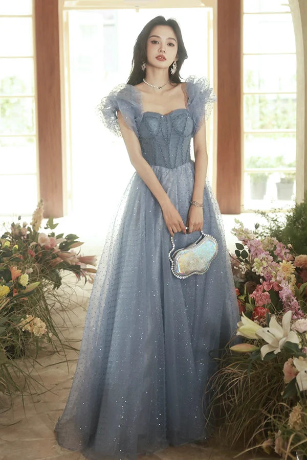 Gray Tulle Beaded Floor Length Prom Dress Beautiful Short Sleeve Evening Dress