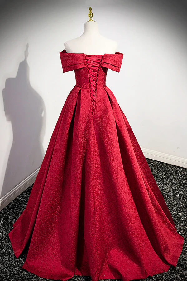 Burgundy Satin Long Prom Dress Off Shoulder Evening Party Dress