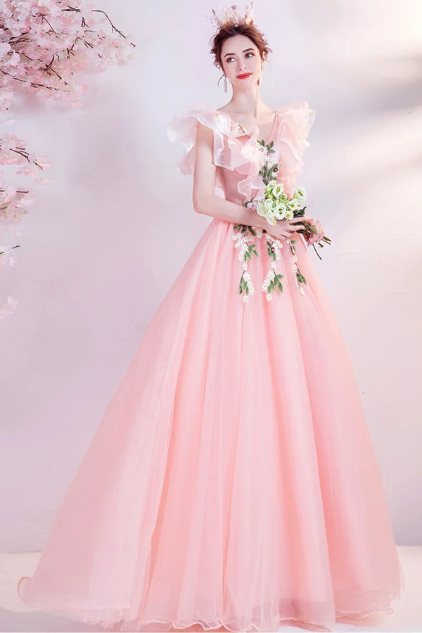 Pink V-Neck Tulle Long Prom Dress Beautiful Pink Evening Dress