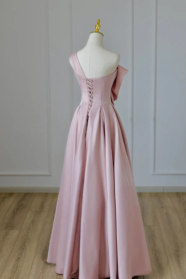 Pink Satin Long Prom Dress with Bow One Shoulder Formal Evening Dress