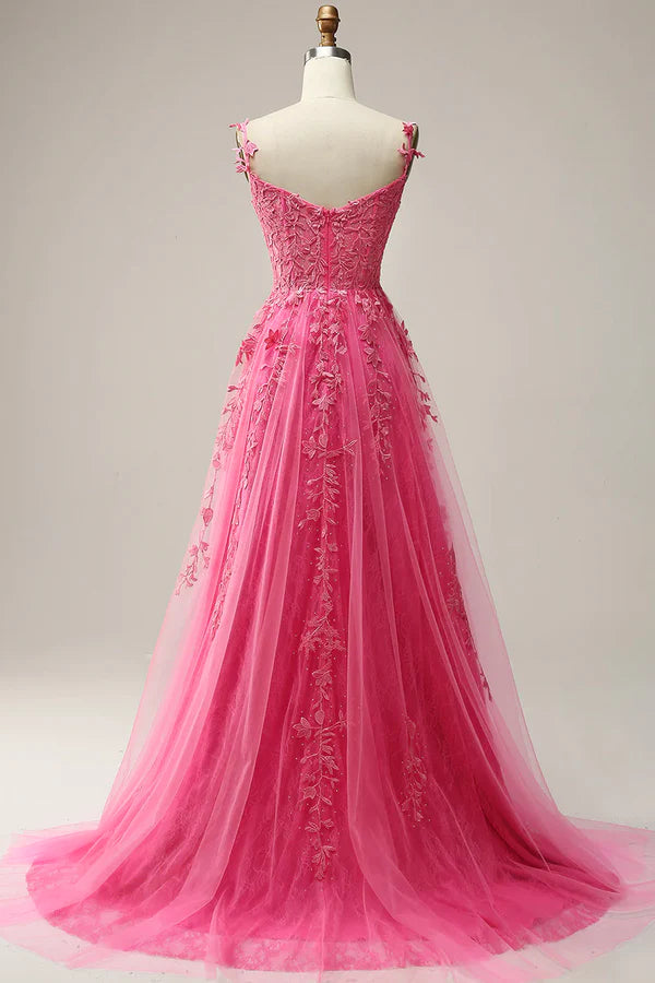 Hot Pink Lace Long Prom Dress Spaghetti Strap Evening Dress Party Dress