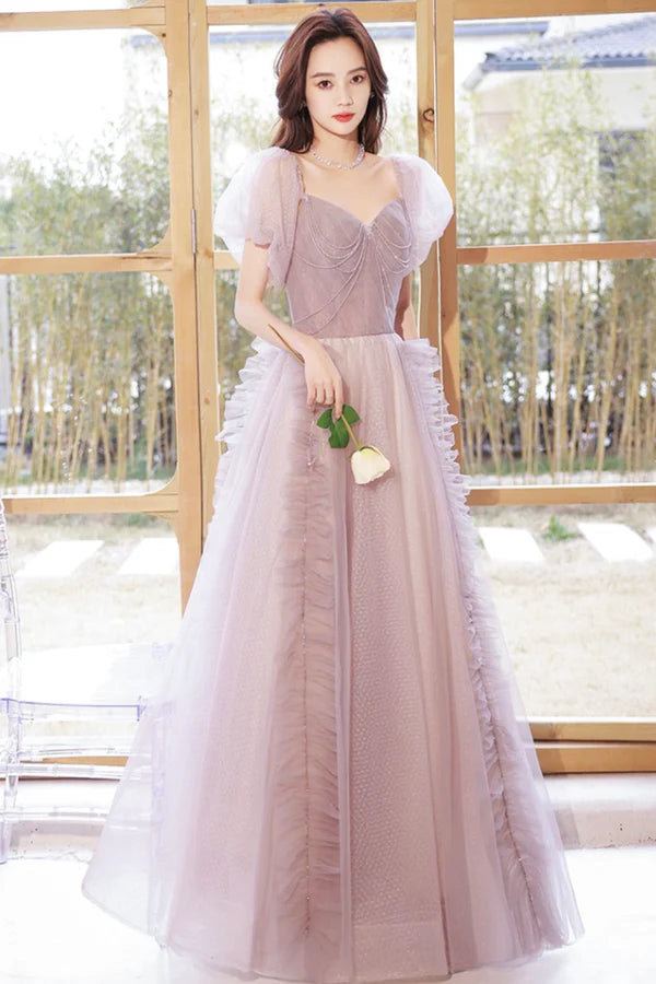 A-Line Tulle Long Prom Dress with Beaded Beautiful Off the Shoulder Evening Graduation Dress
