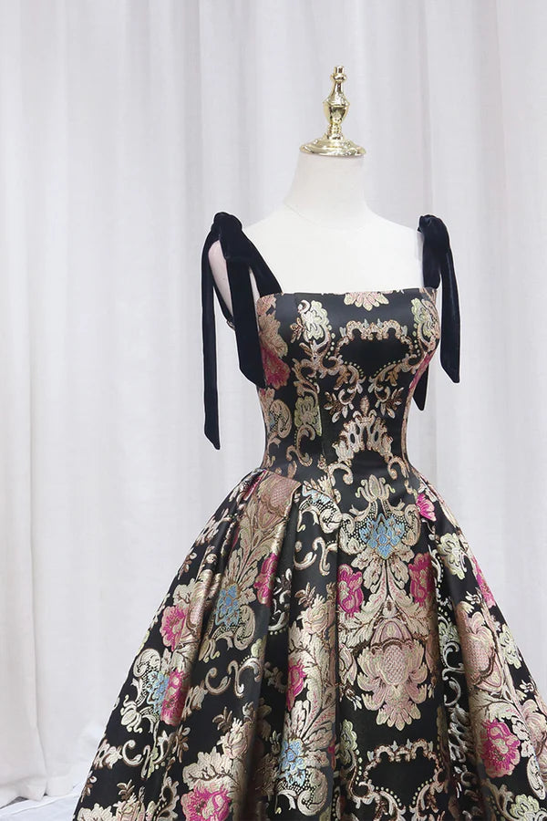 Unique Floral Floor Length Prom Dress A-Line Black Evening Dress