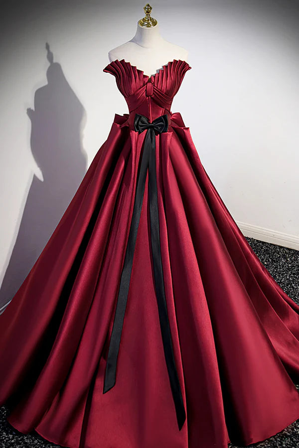 Burgundy Satin Long Prom Dress Burgundy A-Line Evening Dress