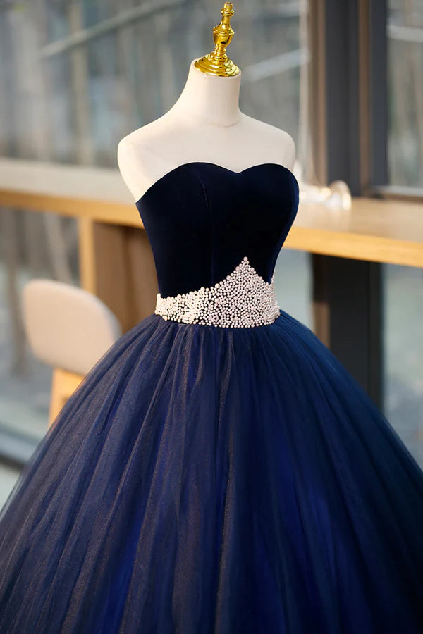 Blue Velvet Tulle Long Prom Dresses Blue Evening Party Dresses