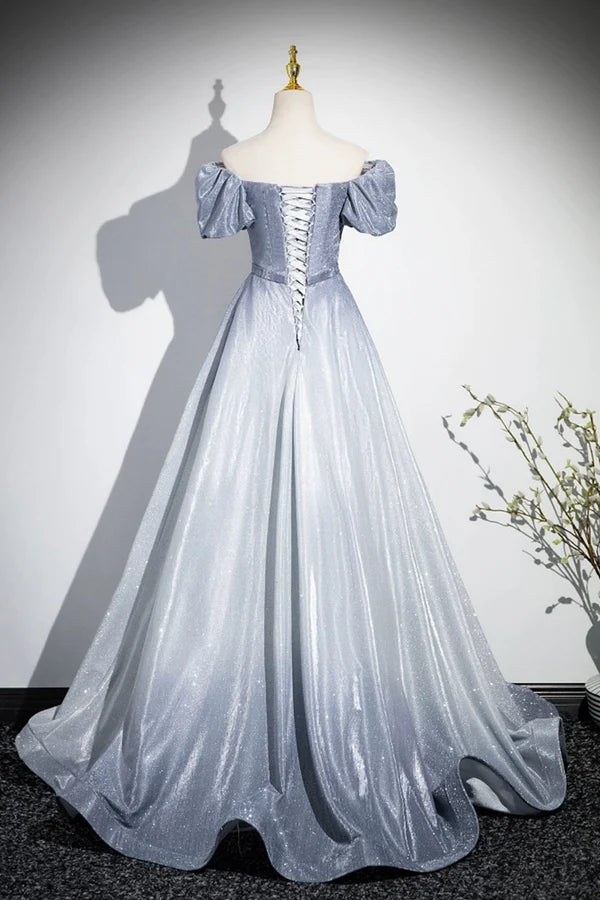 Elegant Gradient Short Sleeve Part Dress A-Line Blue Formal Evening Dress