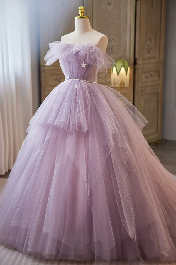 Lilac Strapless Tulle Long Prom Dresses with Pearls Belt Lilac Off the Shoulder Formal Evening Dresses