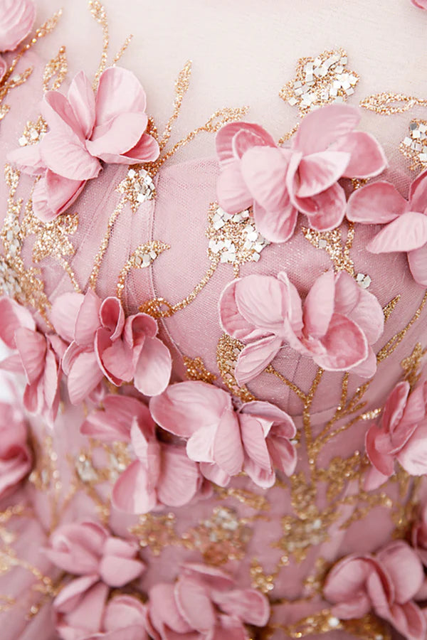 Beautiful Pink Tulle Long Prom Dress with Flowers Lovely Tulle Sweet 16 Dress