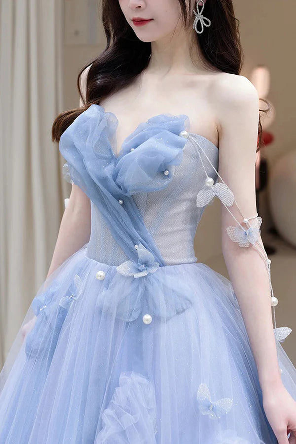 Blue Tulle Long A-Line Prom Dress Party Dress Beautiful Blue Evening Dress