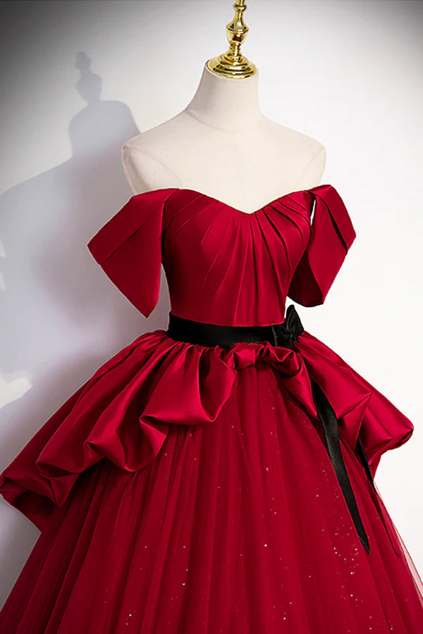 Burgundy Satin Tulle Long Prom Dress Off Shoulder Evening Dress