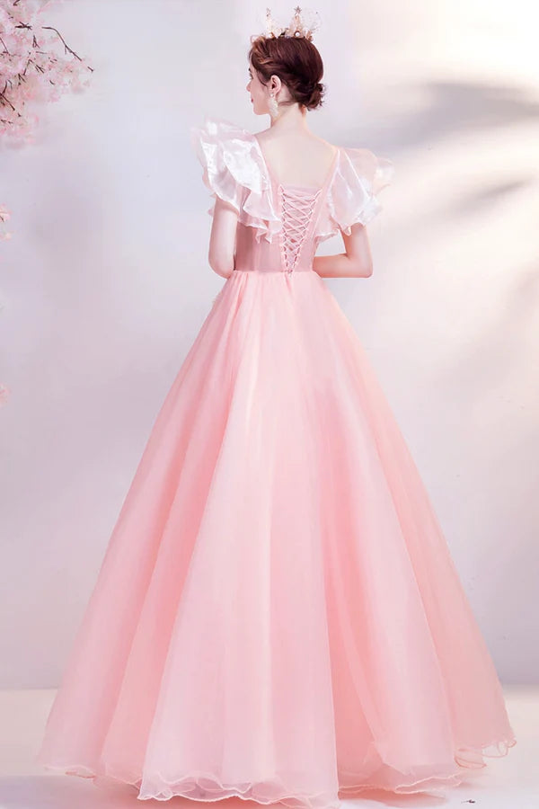 Pink V-Neck Tulle Long Prom Dress Beautiful Pink Evening Dress