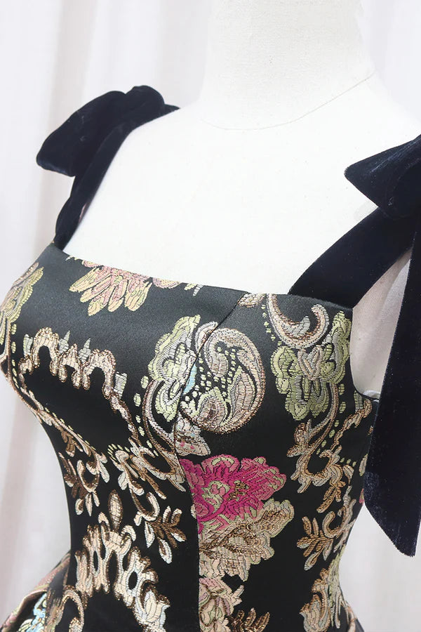 Unique Floral Floor Length Prom Dress A-Line Black Evening Dress