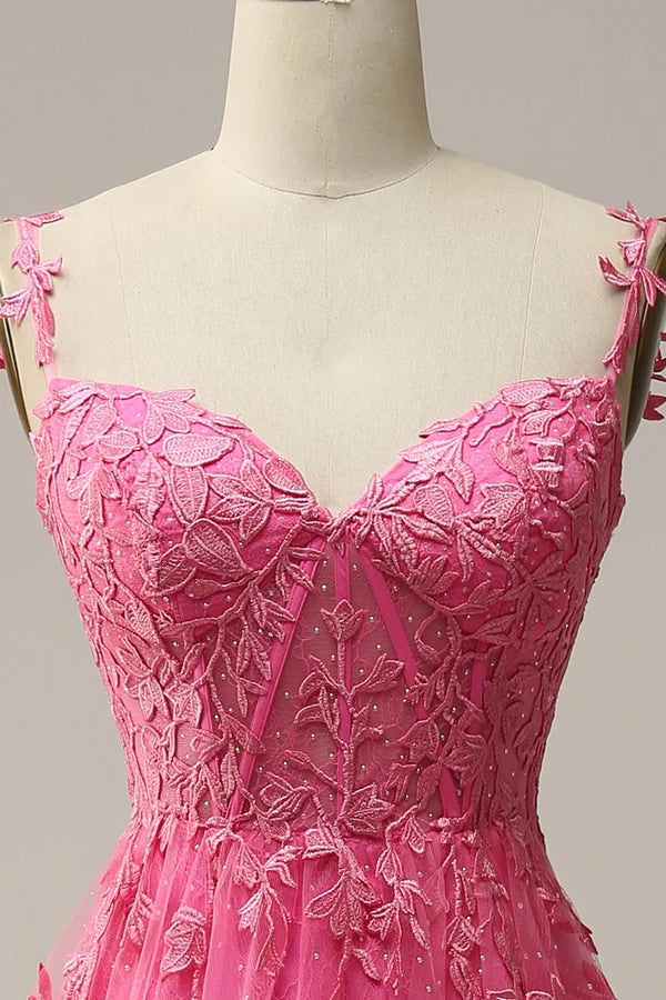 Hot Pink Lace Long Prom Dress Spaghetti Strap Evening Dress Party Dress