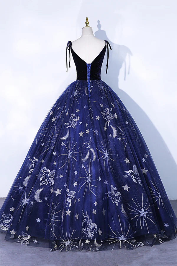 Beautiful Navy Blue Tulle Long Prom Dress Spaghetti Straps Lace Flower Backless Formal Dress