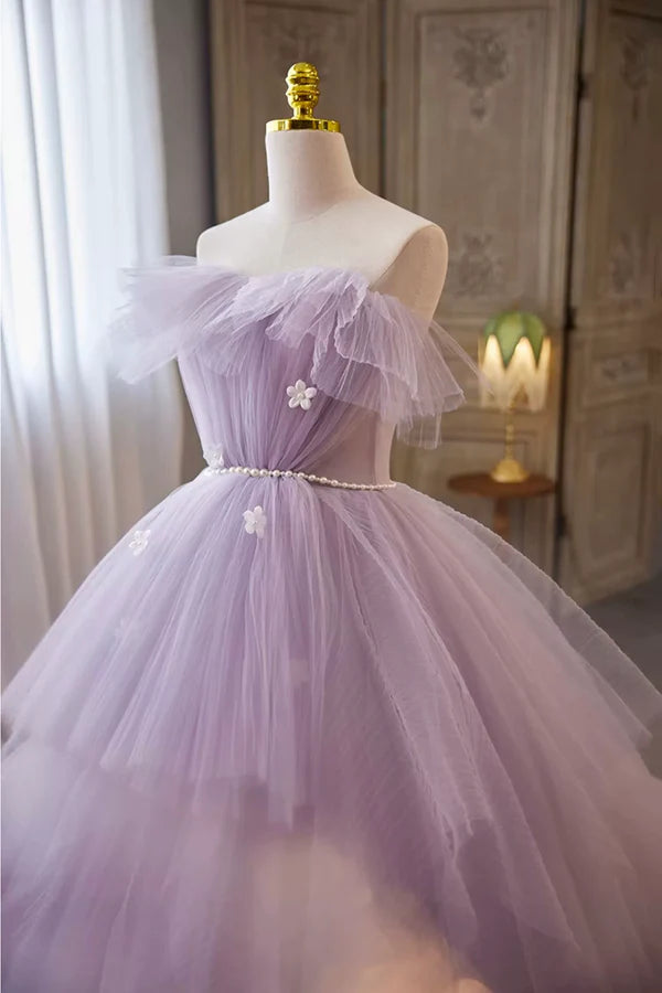 Lilac Strapless Tulle Long Prom Dresses with Pearls Belt Lilac Off the Shoulder Formal Evening Dresses