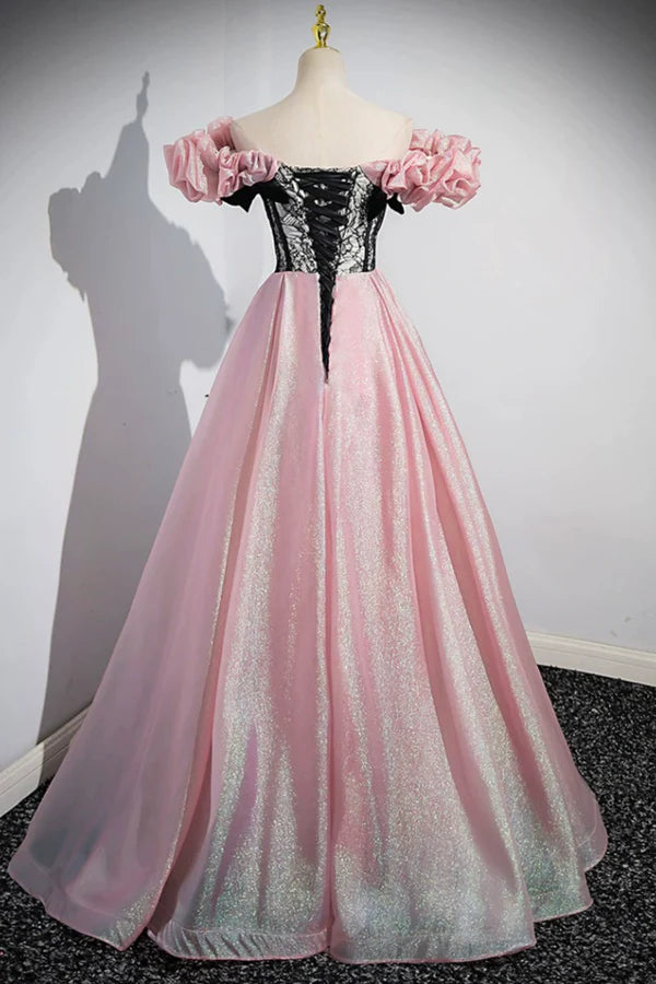 Beautiful Shiny Tulle Long A-Line Pink Corset Prom Dress Off the Shoulder Evening Party Dress