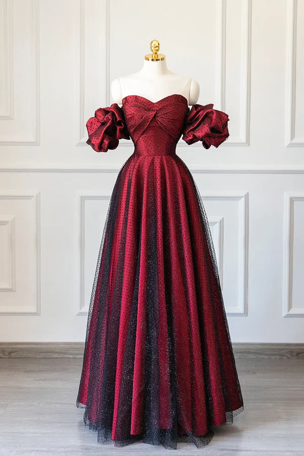 Burgundy Satin Tulle Long Prom Dress Off Shoulder Evening Party Dress